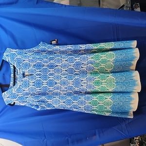 Gabby Skye Beautiful Plus Size Sleeveless Blue Green Dress 24W Pockets